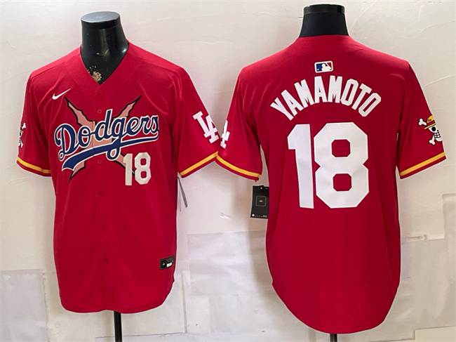Men's Red Los Angeles Dodgers x One Piece #18 Yoshinobu Yamamoto Vapor Premier Limited Stitched Baseball Jersey